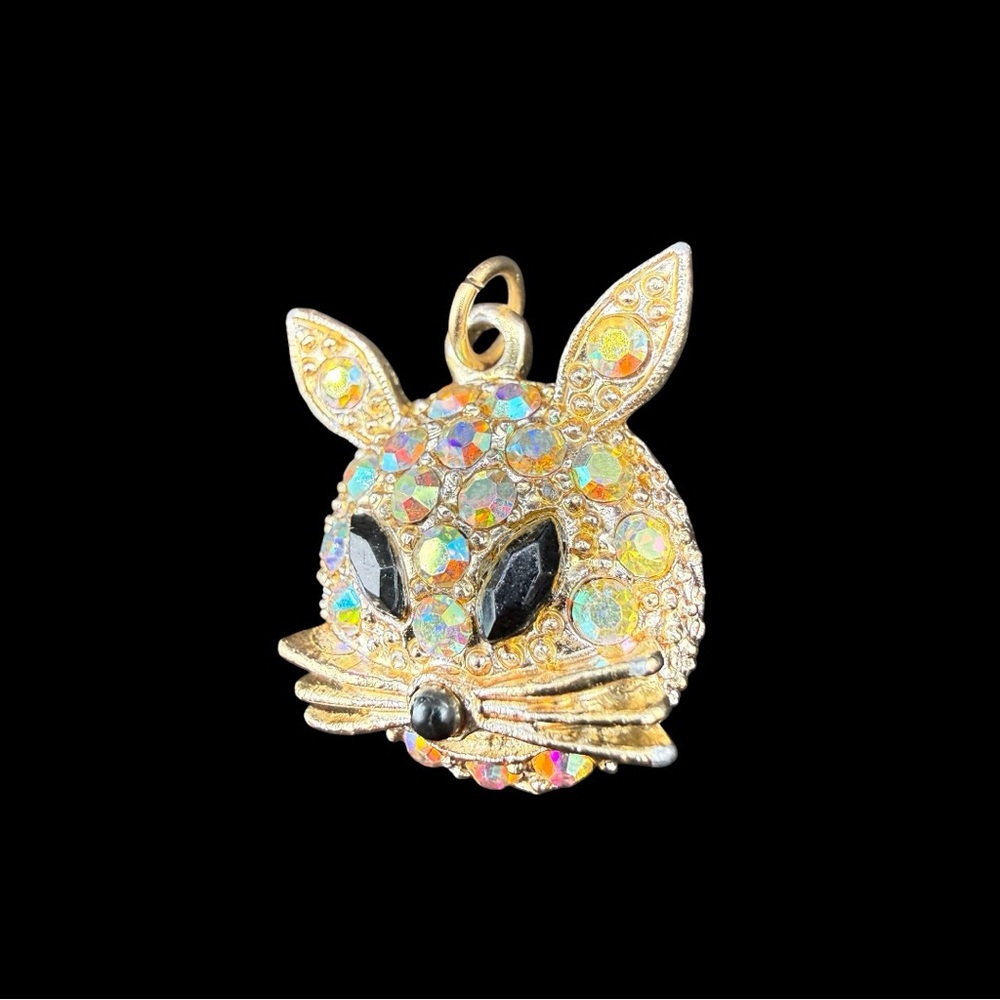 Gold Cat Pendant Charm with Aurora Borealis Iridescent Crystals - Picture 3 of 5